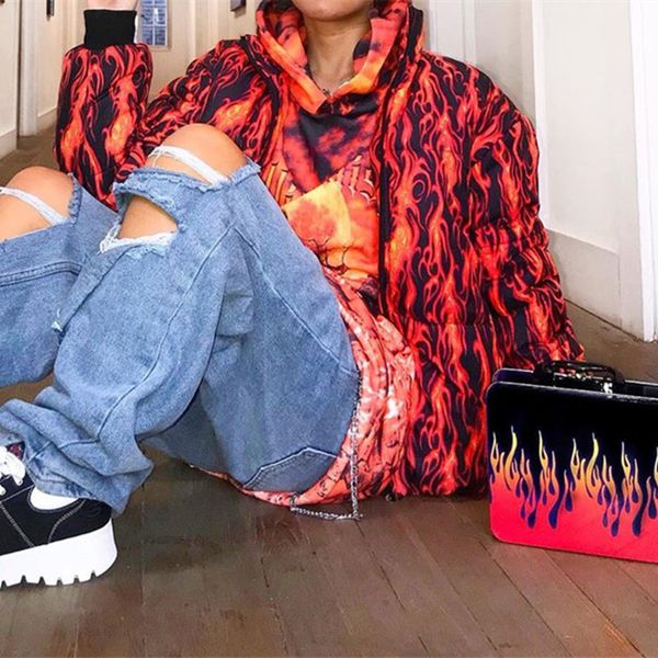 

sweetown 2019 autumn winter warm flaming fire print coat fashion zipper long sleeve plus size women faux fur coat with pockets, Black