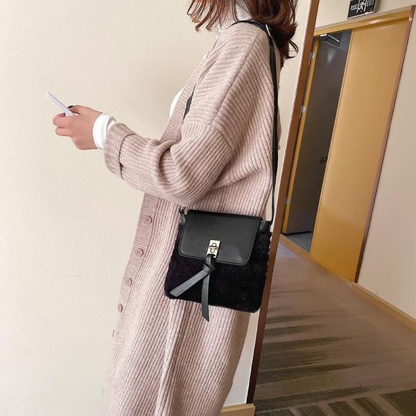 

fashion plush pu leather splicing color women shoulder bag messenger durable casual female flap handbags