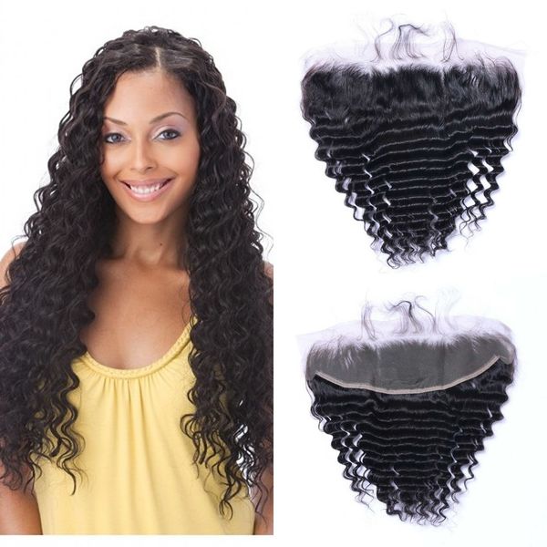 

индийские человеческие волосы кружева фронтальное закрытие 13x4 от уха до уха глубокая волна отбеленные узлы 8-20 дюймов пинг, Black;brown