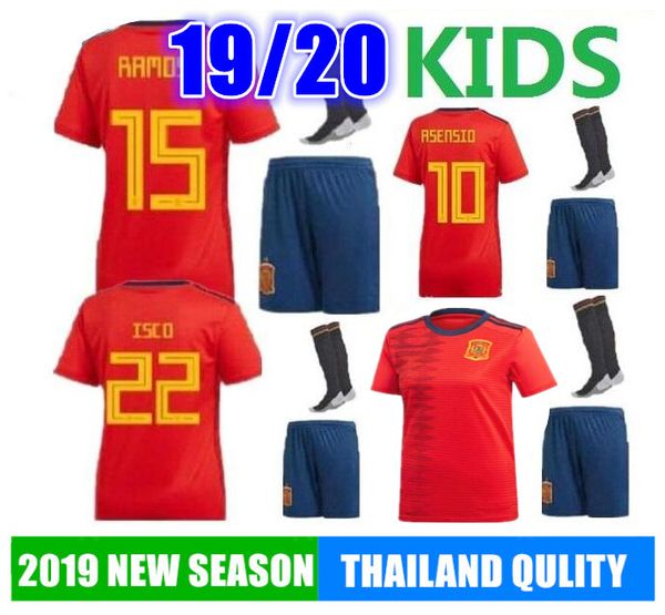 

2020 kid youth kits spain soccer jerseys pique ramos asensio isco thiago a.iniesta silva saul football shirt socks shorts world cup 19 hot, Black;yellow