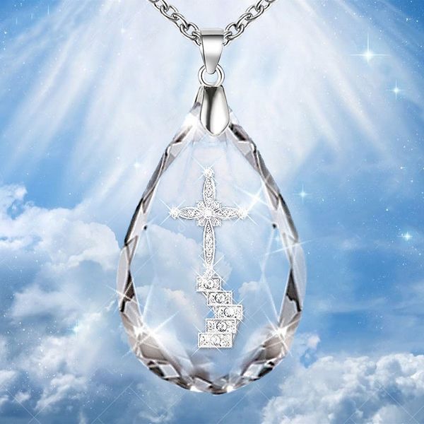 

fashion crystal cross pendant necklace for women girls transparent rhinestone water drop shaped charms choker jewelry gifts, Silver