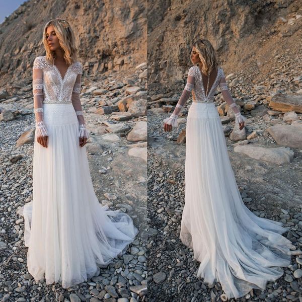 

2020 boho свадебные платья v образным вырезом с длинными рукавами кружева тюль аппликации свадебное платье пляж линия иллюзия назад свадебны, White