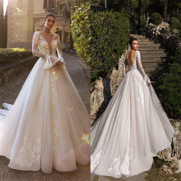 

2020 lace wedding v neck appliqued long sleeve bow bridal dress court train backless tulle custom made robes de mariÃ©e, White