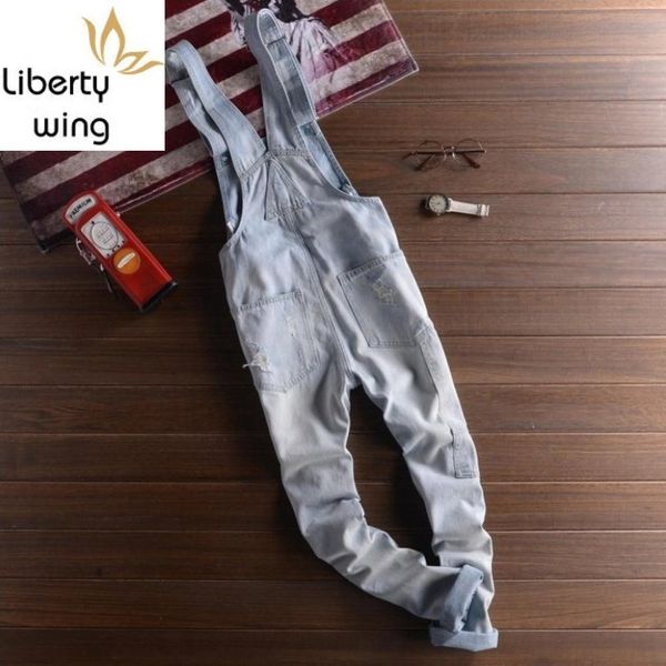 

new fashion camouflage denim men casual wash skinny pocket overalls jeans male jumpsuit pants, Blue