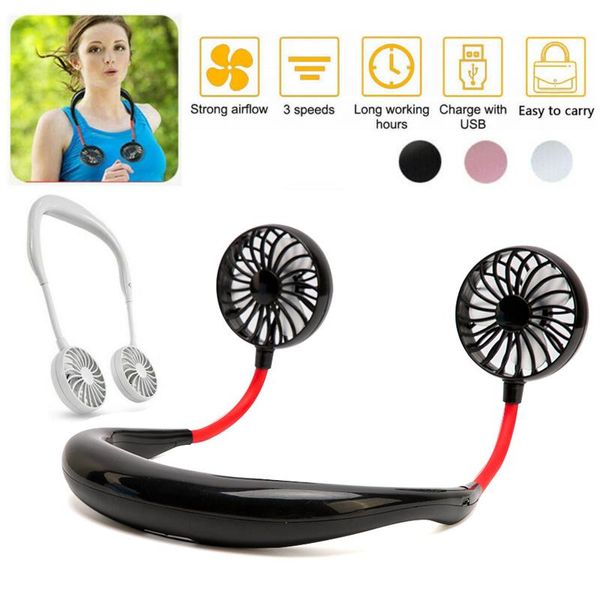 

new hanging neck fan usb rechargeable neckband lazy neck hands hanging dual cooling mini fan sport 360 degree rotating