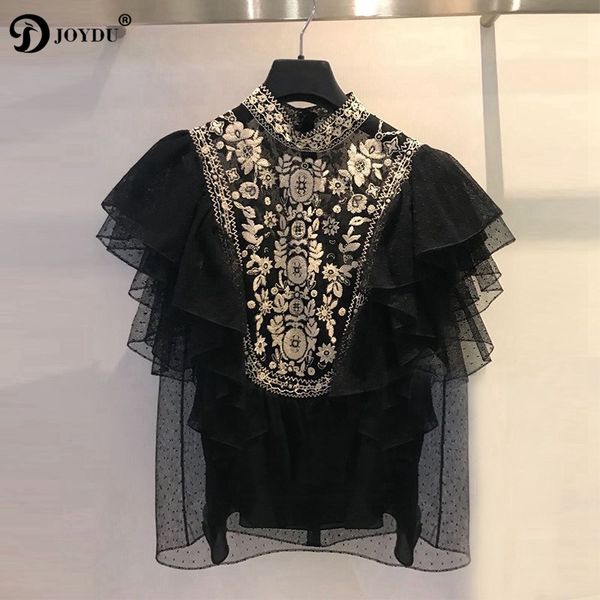 

joydu runway designer blouse women 2019 embroidery polka dot black lace shirts blouses sleeveless ruffles blusa top, White