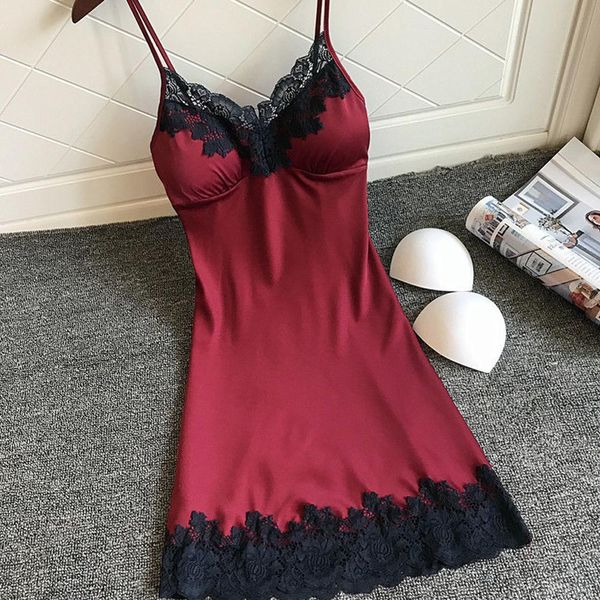 

women's lingerie satin sleepwear femmes nightwear silk dress lace nightdress nightgown nightie homewear chest pad night #07, Black;red