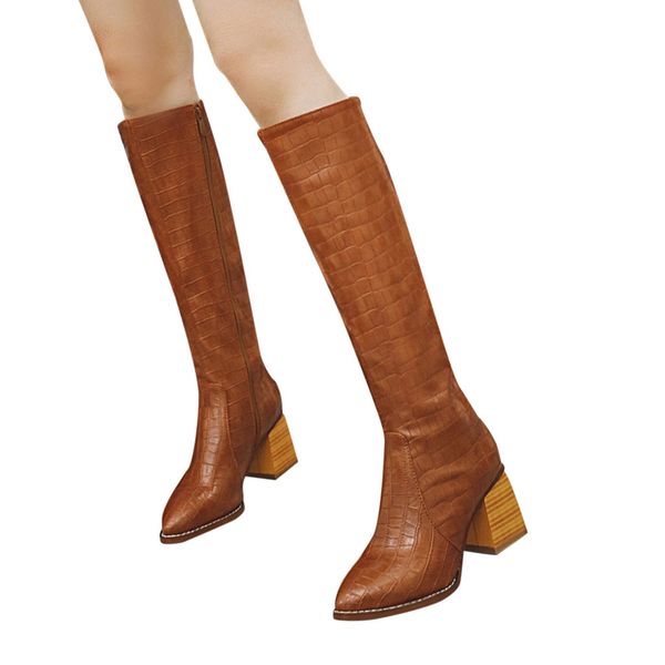 

fashion pure color round toe zipper boots square heels vintage women boots, Black