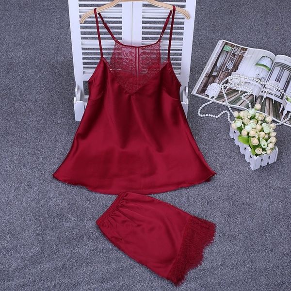 

2019 new summer pijama women solid sleepwear set pyjama lingerie femme lace shorts loungewear thin nightwear pajama, Black;red