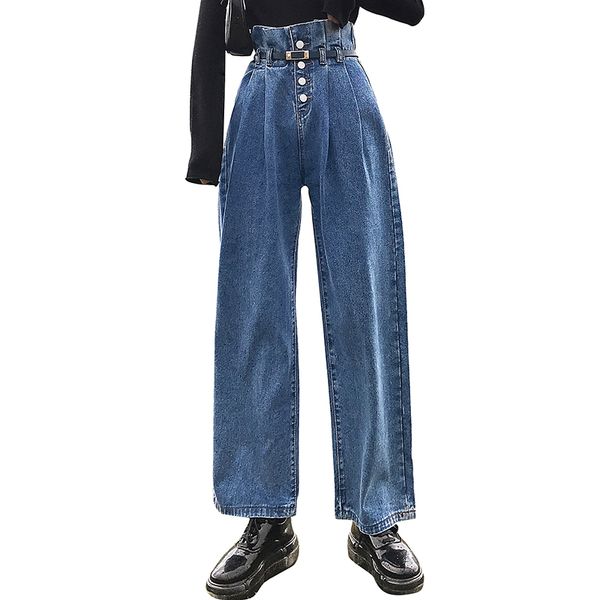 

2020 новая осень джинсы женщины vintage омывается bud jeans хлопок моды пояса дряблая высокой талии широкие ноги штаны женские брюки, Blue
