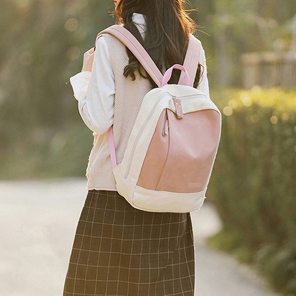 

women casual shoulder backpack pink fashion simple creativity colorblock canvas sweet backpack for teenager girl bags 2020 new