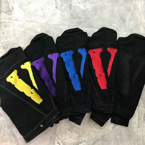 

Vlone friend jacket new tyle cla ic red v logo big printing pop women men jean jacket hip hop kateboard brand 6 color, Black;brown