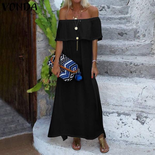 

vonda women strapless split holiday beach dress off shoulder party long dress 2020 summer bohemian vestidos plus size, Black;gray