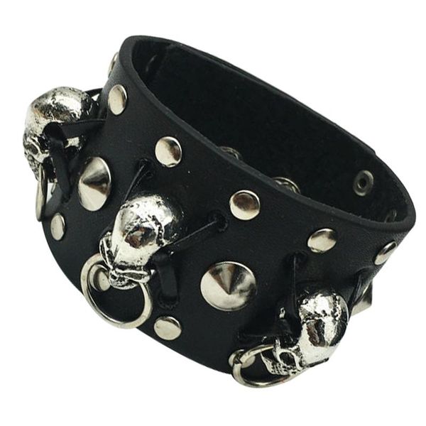 

women men genuine leather bracelets punk rock style charm wide bracelet wristband vintage jewelry, Golden;silver