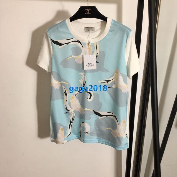 

high end женщины девушки футболка птица геометрический лоскутный мотив круглый вырез с коротким рукавом блузка старинные тройник модный диза, White