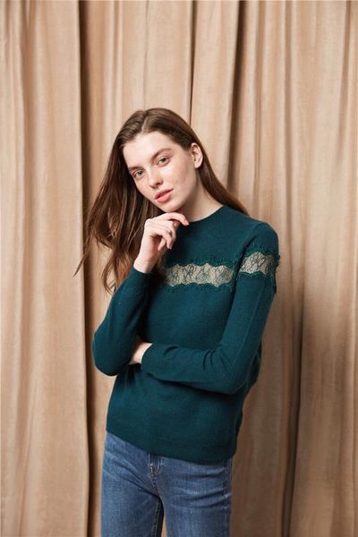 

women fashion round neck lace hollow out pullover wool sweaters, White;black