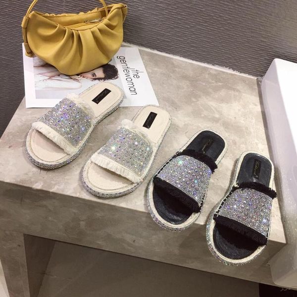 

glitter slides slippers women summer shoes fashion pantofle jelly luxury 2020 flat basic rome fabric rubber pu crystal shoes, Black