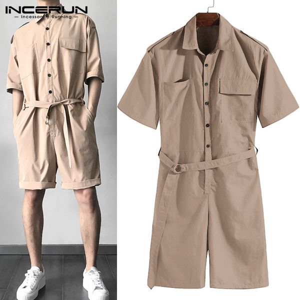 

summer mens set rompers half sleeve casual solid belt waist men cargo overalls jumpsuit shorts coverall playsuits 2019 one piece, Gray