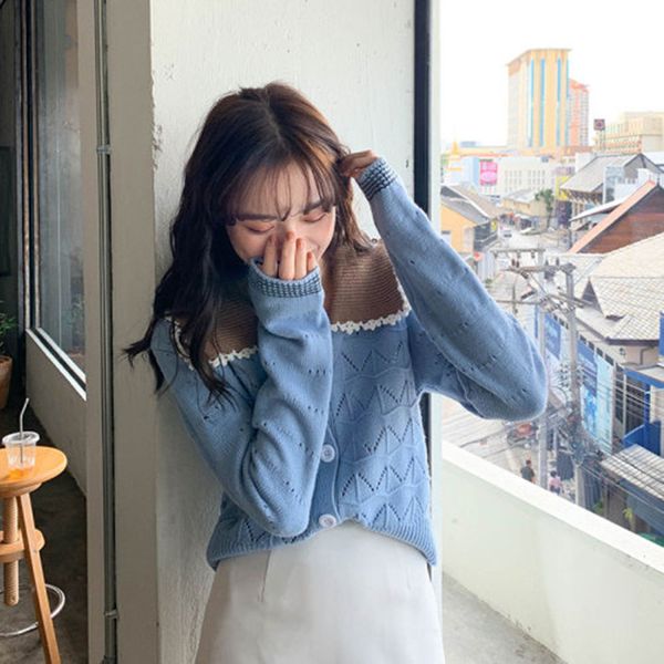 

3 colors 2020 spring and autumn korean style color patchwork collar knittd cardigans womens sweaters womens (x1286, White