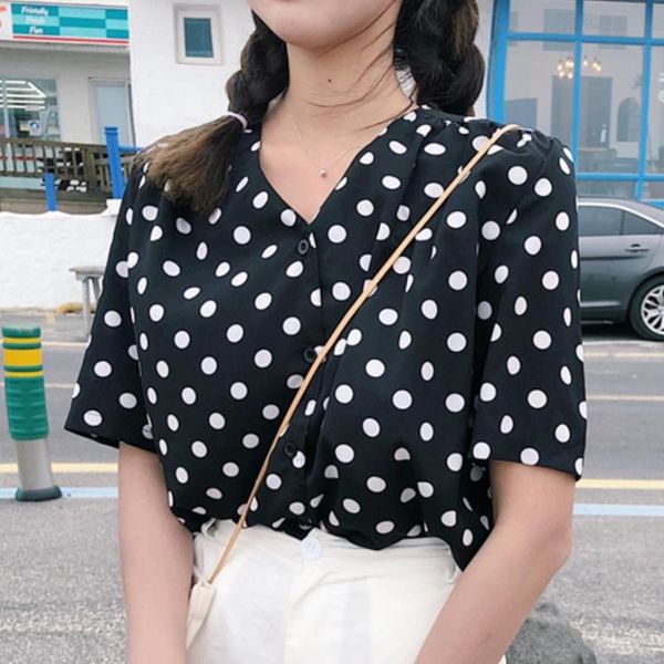 

casual women shirts polka dot v-neck short sleeve women blouse, White