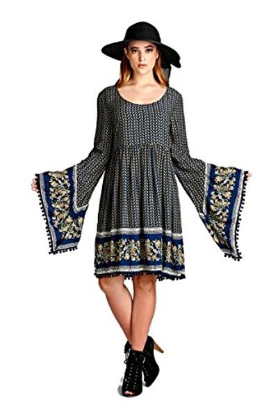 

velzera paisley print dress with bell sleeves boho chic plus size, Black;gray