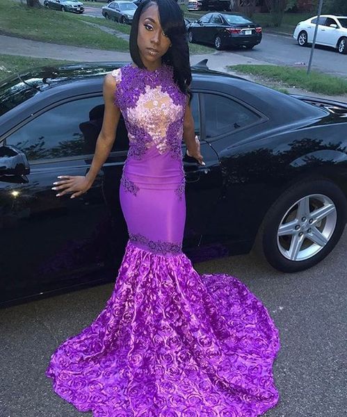 

appliqued mermaid prom dresses 2019 3d flowers sheer lace evening formal party gown black girl african pageant dress custom made