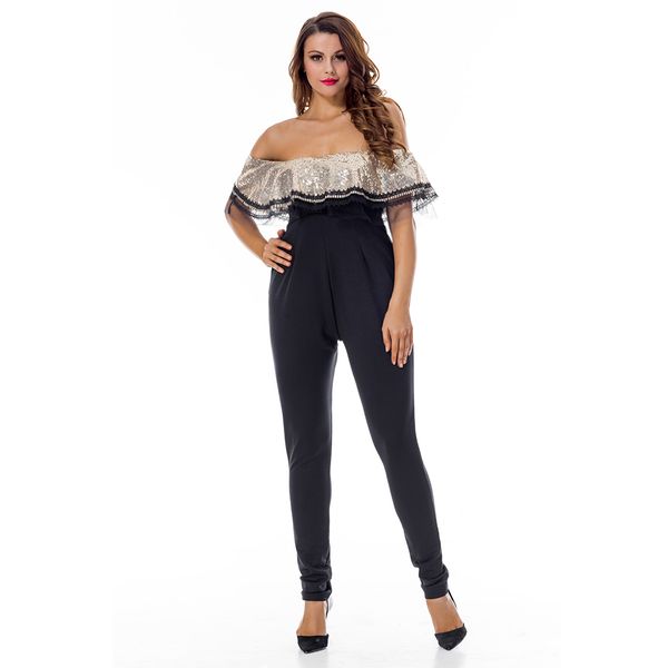 

womens stylish long silver bardot jumpsuit decorate with beads, Black;white