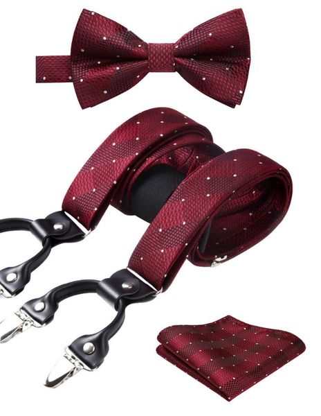 

men suspenders fashion party wedding classic various 6 clips pre-tied bowtie pocket square set y shape adjustable braces #s02, Black;white