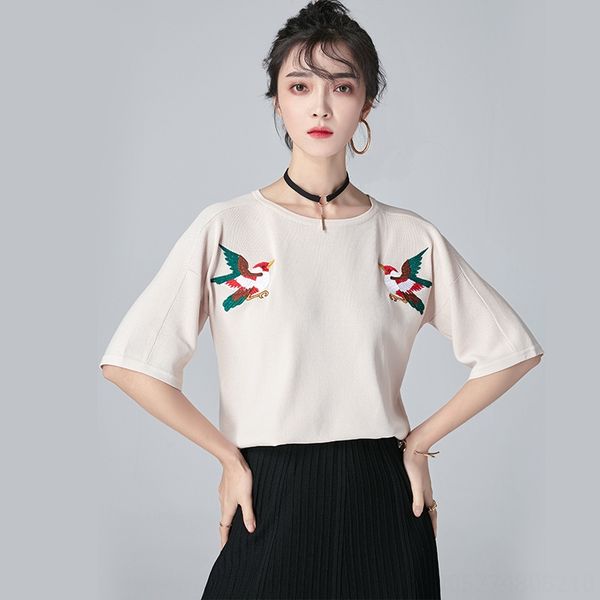 

do not return the original 68 knitted coat embroidered female embroidered loose t-shirt knitted half sleeve female, White