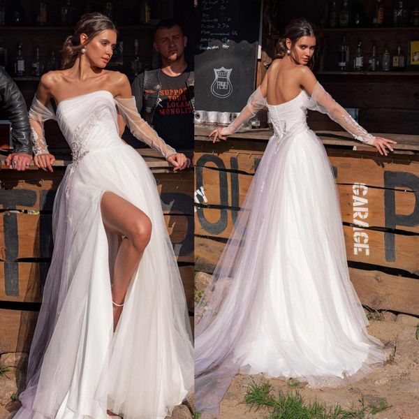 

papilio wedding dresses strapless long sleeves lace appliques bridal gowns backless sweep train a line wedding dress robe de mariee, White