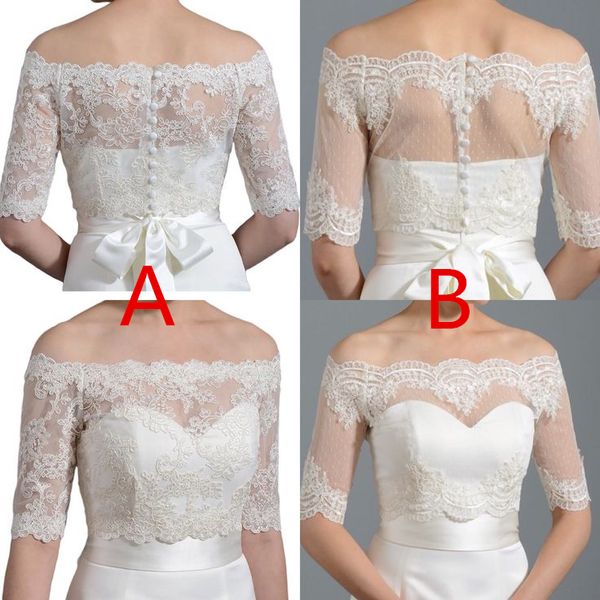 Economici giacche da sposa in pizzo bianco avorio bolero con spalle scoperte mezza manica bottoni ricoperti da sposa avvolge coprispalle per abito da sposa2686