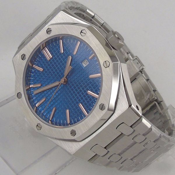 

fashion simple 42mm sea blue sterile dial automatic men's watch auto date rose golen hand miyota movement stainless steel strap, Slivery;brown