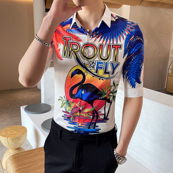 

social guy men's short-sleeved floral trend trendy handsome shirt shirt european and american tide brand nightclubs, White;black