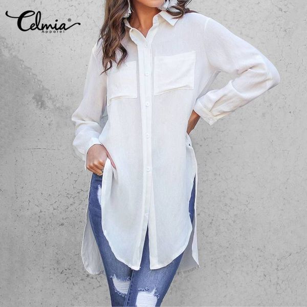 

elegant office ladies shirts celmia women fashion lapel long blouses summer asymmetrical split tunic blusas mujer plus size, White