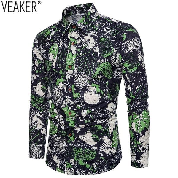 

2019 spring new men's floral linen shirt male slim fit print cotton linen shirt chinese vintage flower printed long sleeve, White;black