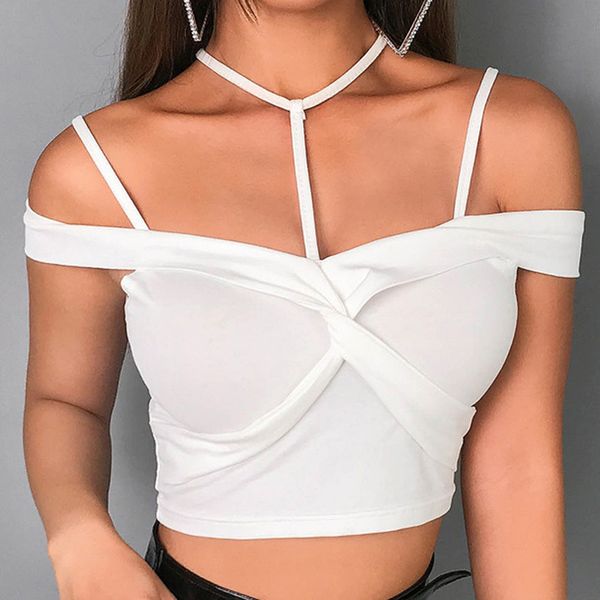 

solid color sleeveless skinny halter strap crossed collar summer women top, White