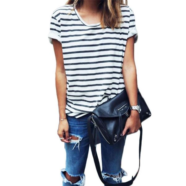 

women casual shirt striped o-neck comfortable loose 2017 new summer fashion joker plus size daily t-shirts, White