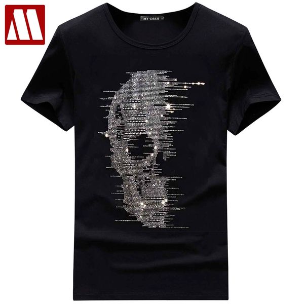 

british style mens summer skull t shirts blingbling t-shirt homme fashion streetwear rhinestones print man tees camisetas hombre, White;black