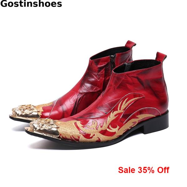 

men ankle boots genuine leather red color golden embroider men short boots steel cap toe pointed slip on side zipper, Black