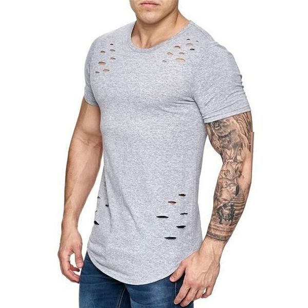 

summer casual short sleeve ripped holes t-shirts men brand clothing men's loose slim fit muscle tee male basic t-shirts, White;black