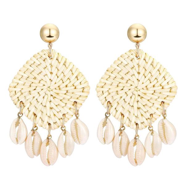 

fashion women rhombus rattan woven cowrie sell chandelier statement dangle stud earrings, Silver