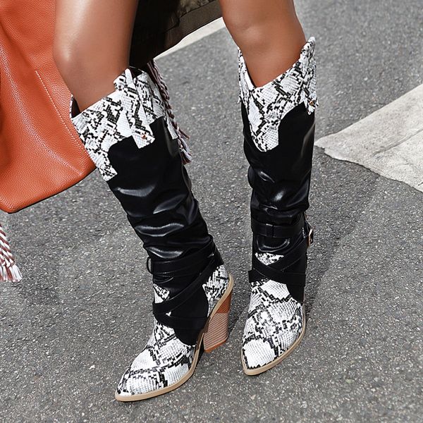 

snake print leather knee-high boots women buckle square heel cowboy knees high boots plus size 43 western horse riding shoes, Black
