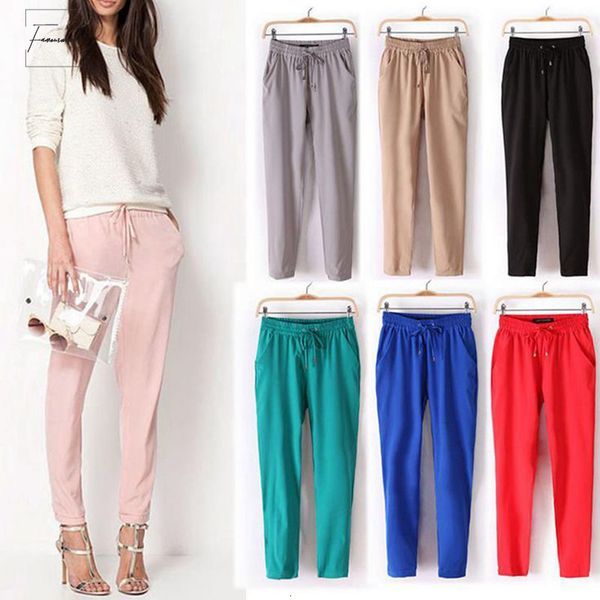 

women casual loose pants 2019 solid elastic harem waist chiffon pants vintage spring summer stretch female trousers clothing, Black;white