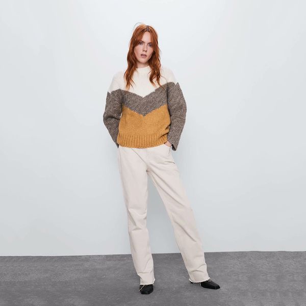 

2019 new imitation cashmere sweater for women round neck long sleeve geometric pattern color matching fashion warm sweater, White;black