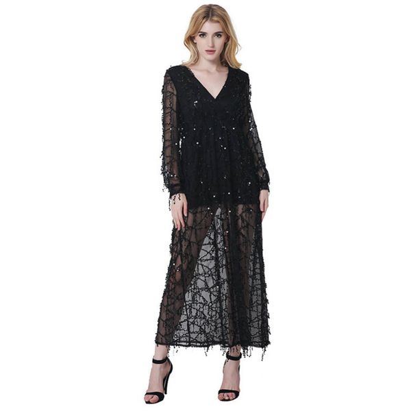

fashion chiffon mesh tassel long sleeve v neck black dress summer sequined front split white party maxi dress #230465, Black;gray