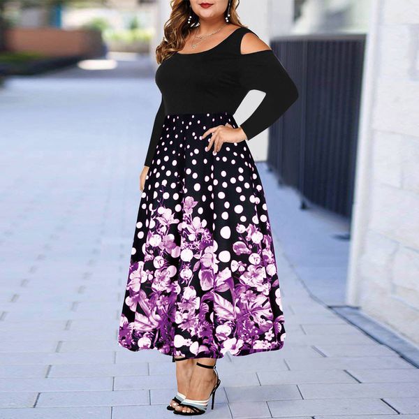 

plus size women dress floral printed off shoulder dress large size ladies evening party maxi dress elegant female vestidos d40, Black;gray