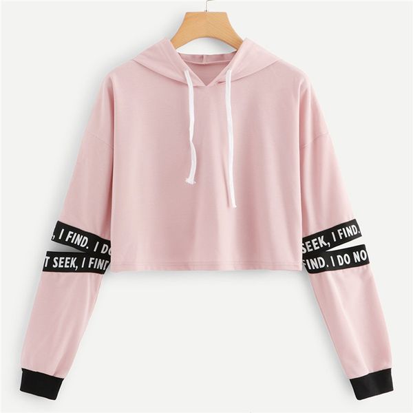 

jaycosin hoodies women letter drawstring hoodie cut out sleeve sweatshirt women spring hooded long sleeve pullover blouse, Black