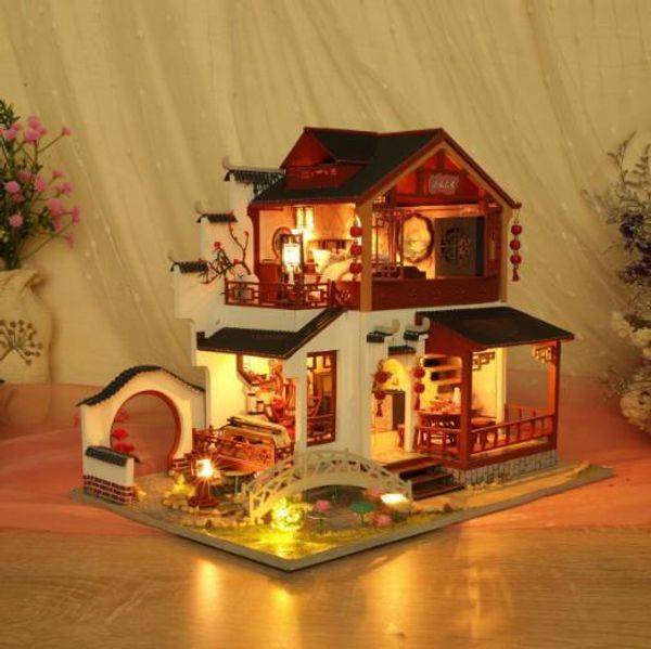 

китайский стиль кукольный дом мебель собрать деревянные миниатюрные diy кукольный домик рождественский подарок игрушки для детей y200414