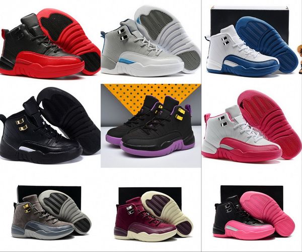 

boys girls 12 12s gym red hyper violet purple kids basketball shoes childrens pink white blue dark grey toddlers birthday gift with box, Black