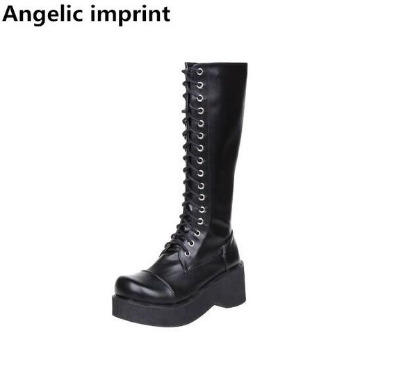 

angelic imprint new mori girl women motorcycle boots lady lolita boots woman high trifle heels pumps wedges shoes lace up 33-47, Black
